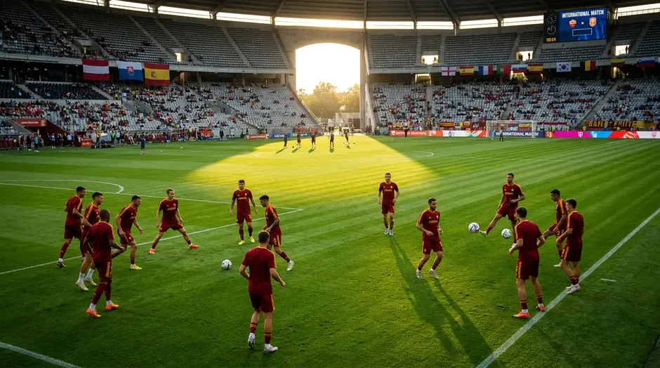 Joueurs de football en maillots rouges s'échauffant sur le terrain avant un match international sous les lumières du stade