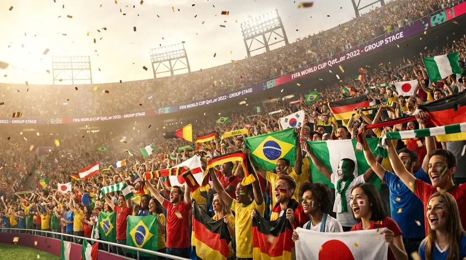 Supporters enthousiastes agitant des drapeaux dans les tribunes d'un stade de football lors d'un match de Coupe du Monde